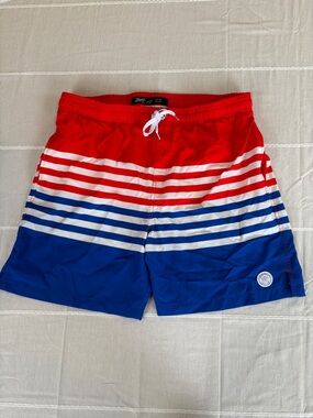 Brooklyn Cloth Men's Red White Blue Striped Swim Trunks - Size Large